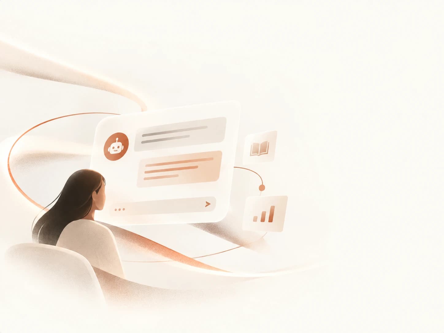 Illustration of a learner chatting with an AI support agent, with course and progress panels beside the conversation.