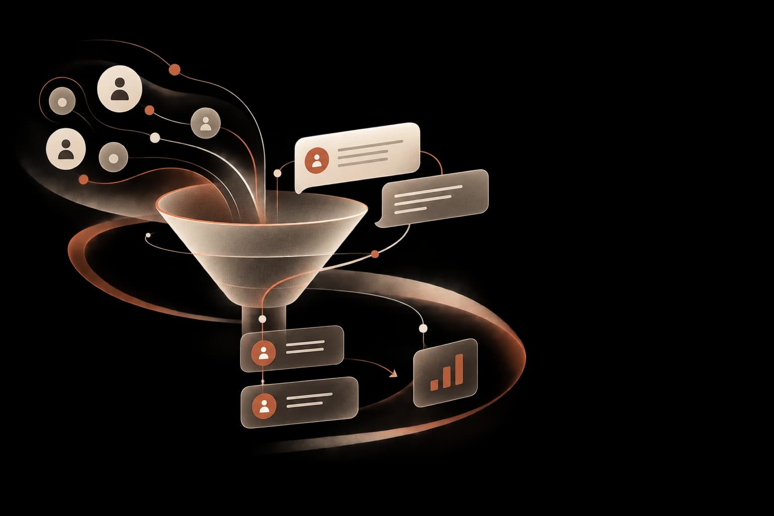 Illustration of prospects flowing through a sales funnel into guided conversations and conversion results.