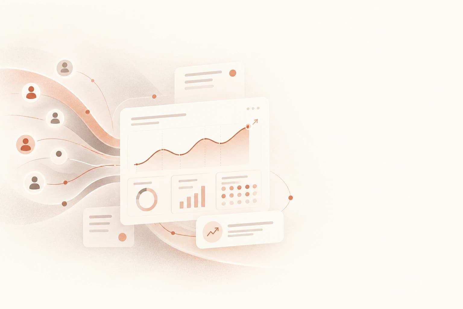 Illustration of individual learners feeding into an analytics dashboard with a rising progress chart and engagement metrics.