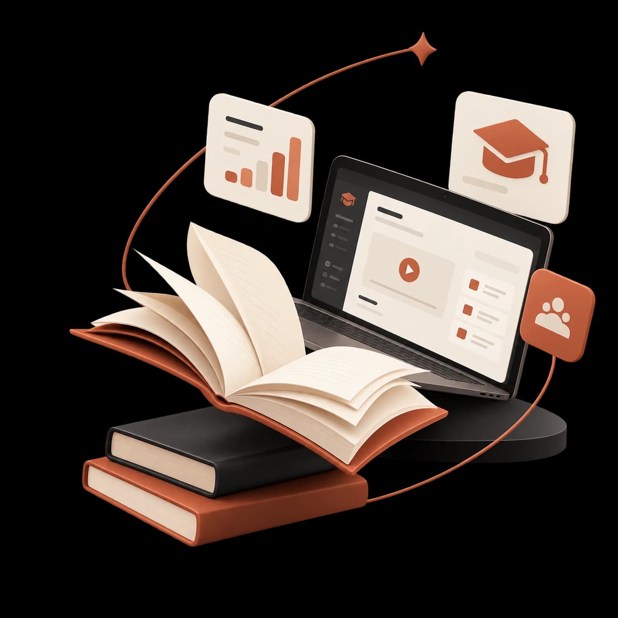 Illustration of open books beside a laptop showing a course, with progress charts, a graduation cap and learner icons.