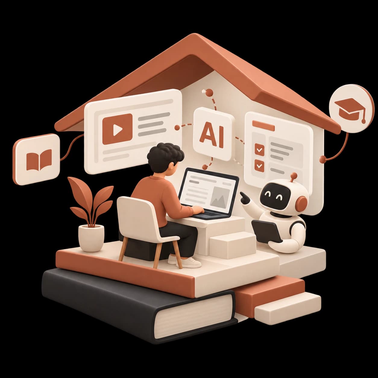 Illustration of a learner at a laptop working alongside a friendly AI assistant, together under one roof of course content.