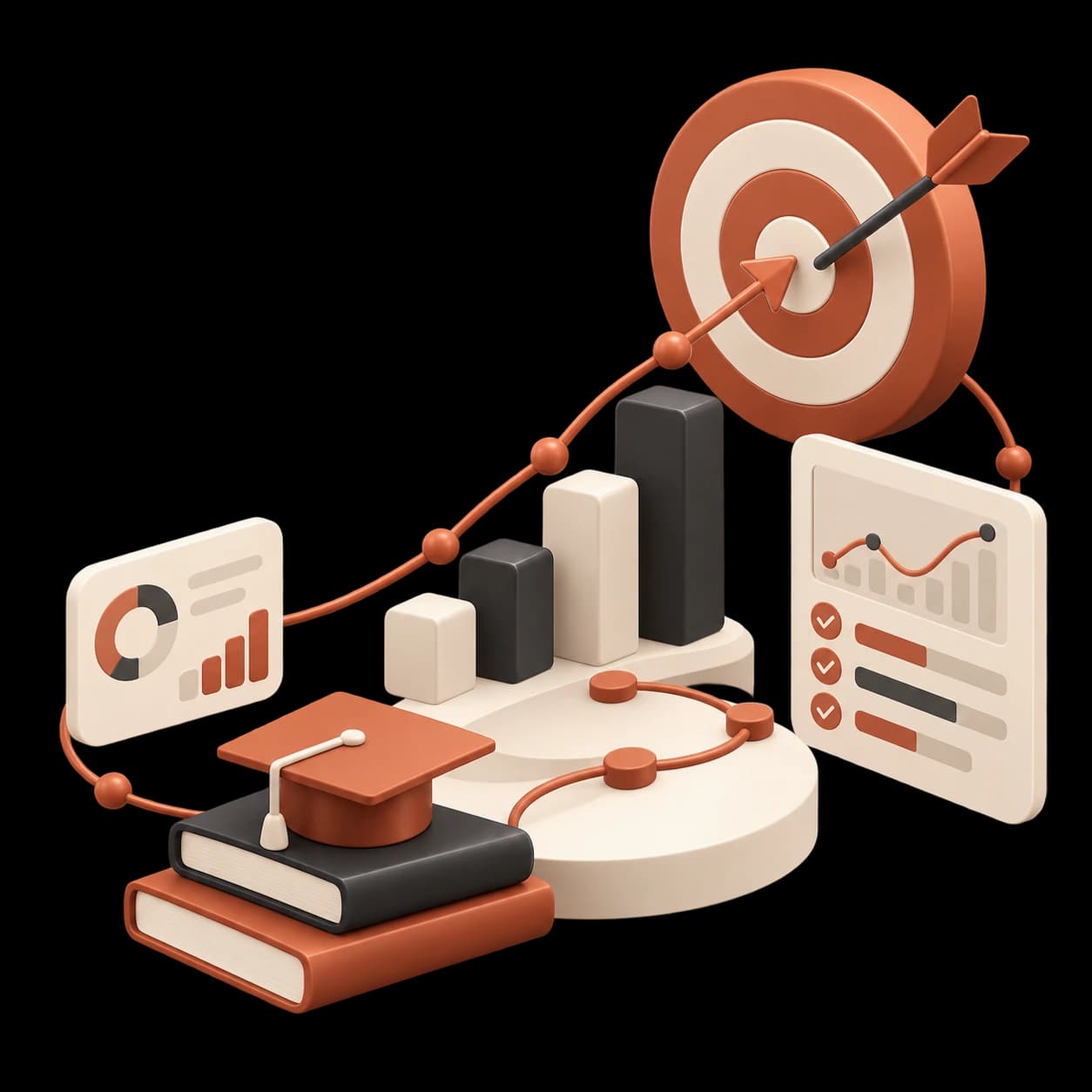 Illustration of a rising progress line hitting a target, with bar charts, a results dashboard and a graduation cap.
